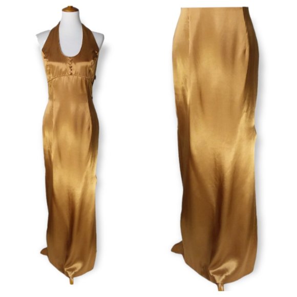 Vtg Jessica McClintock Gunne Sax Maxi Halter Dress Size 7/8 Liquid Gold Metallic - Picture 2 of 12